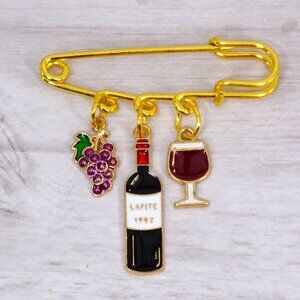 Wine theme pin brooch with dangling grapes, wine bottle, and wine glass charms